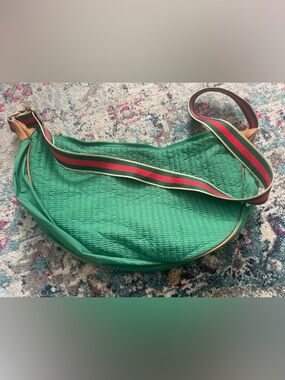 Shiraleah Green Quilted Crossbody Bag with Red and Black Striped Strap
